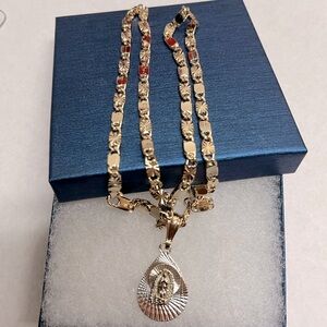 Laminated‎ gold chain with 24” image of the Virgin of Gudalupe